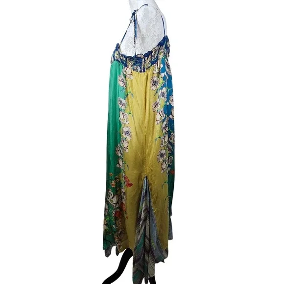 Johnny Was 100% Silk Handkerchief Dress L Boho‎ Floral Patchwork Maxi FLAW - Picture 6 of 11